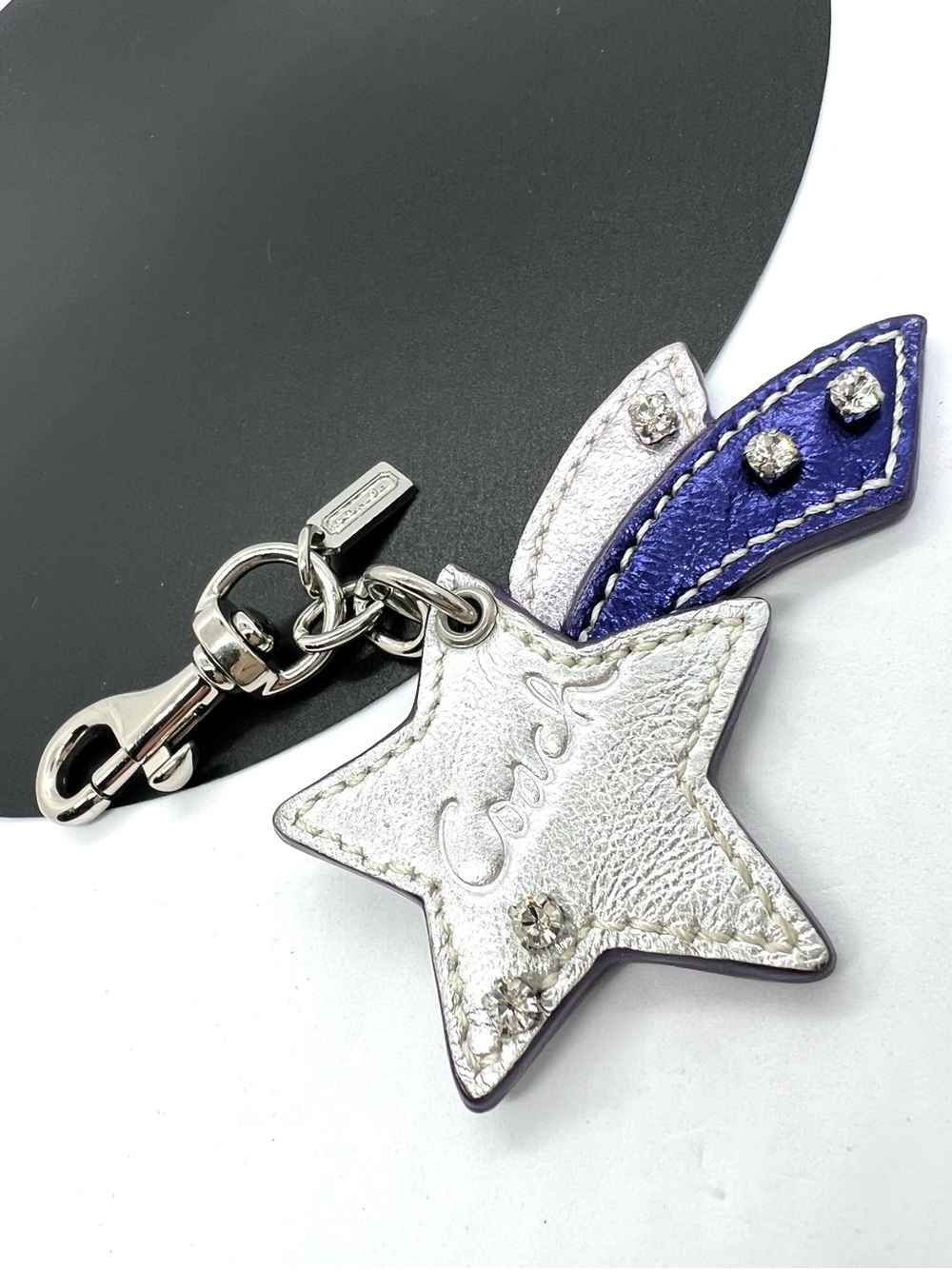 Authentic Coach Shooting Star Metallic Leather Rhinestone Bag Charm Keychain